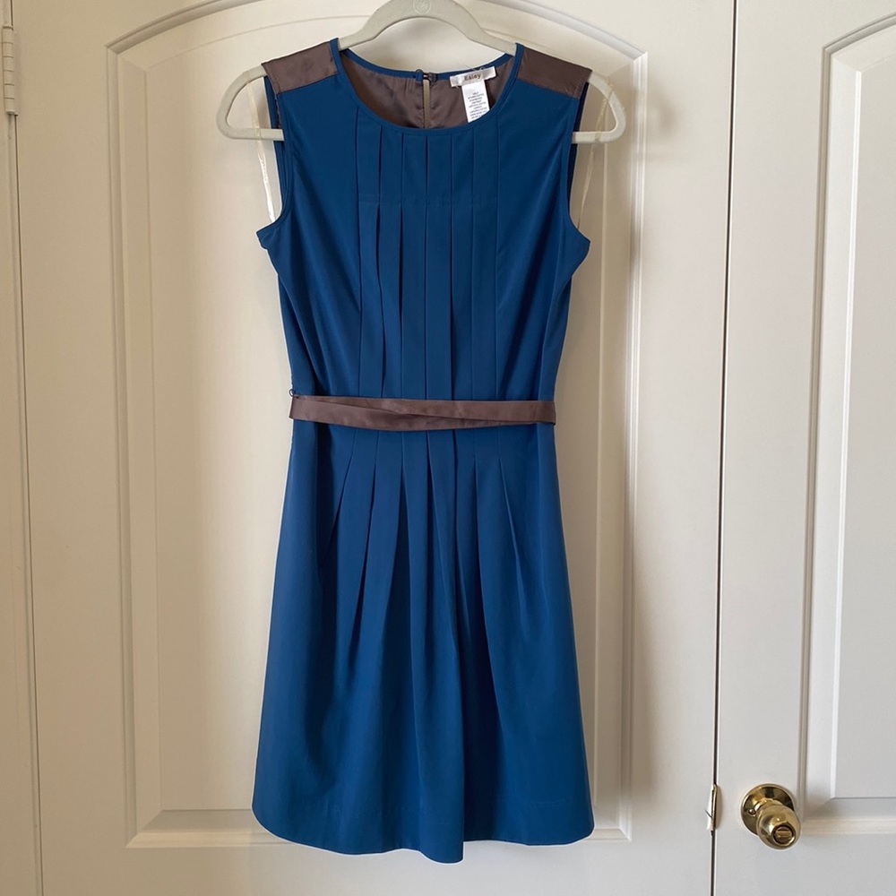 ESLEY Blue/Grey Sleeveless Dress w/ pleat detail.